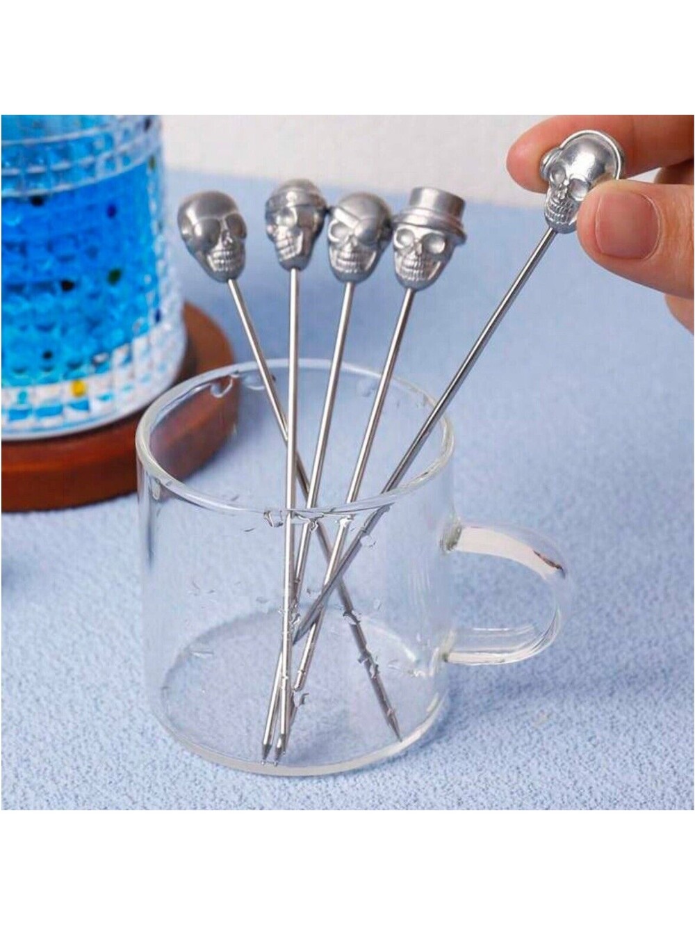 8 Silver Metal Halloween Skull Cocktail Appetizer Food Sticks Toothpicks Party